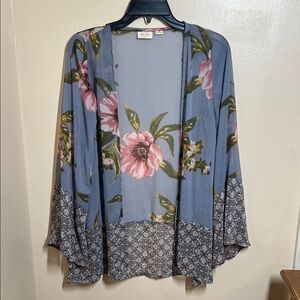 Lightweight Blue Floral Kimono Cardigan - Pink Floral Detail
